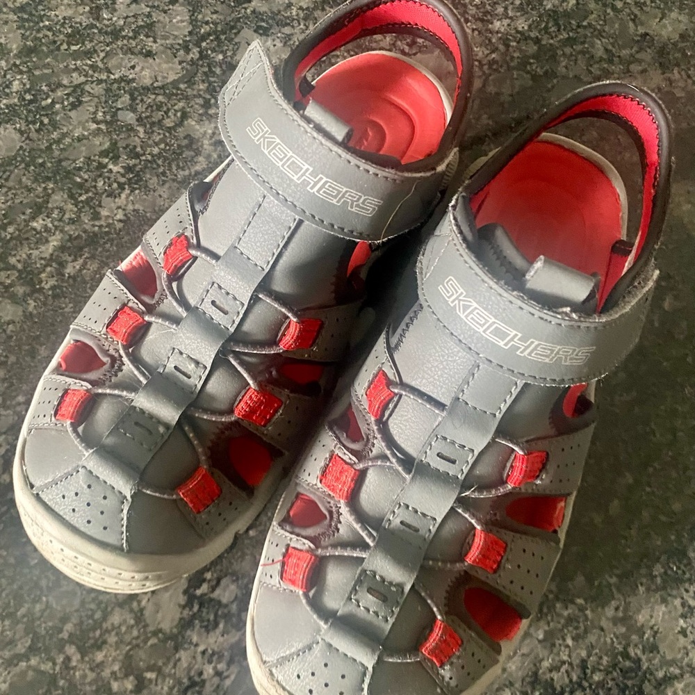 Skechers Gray and Red Sandals with Velcro Straps